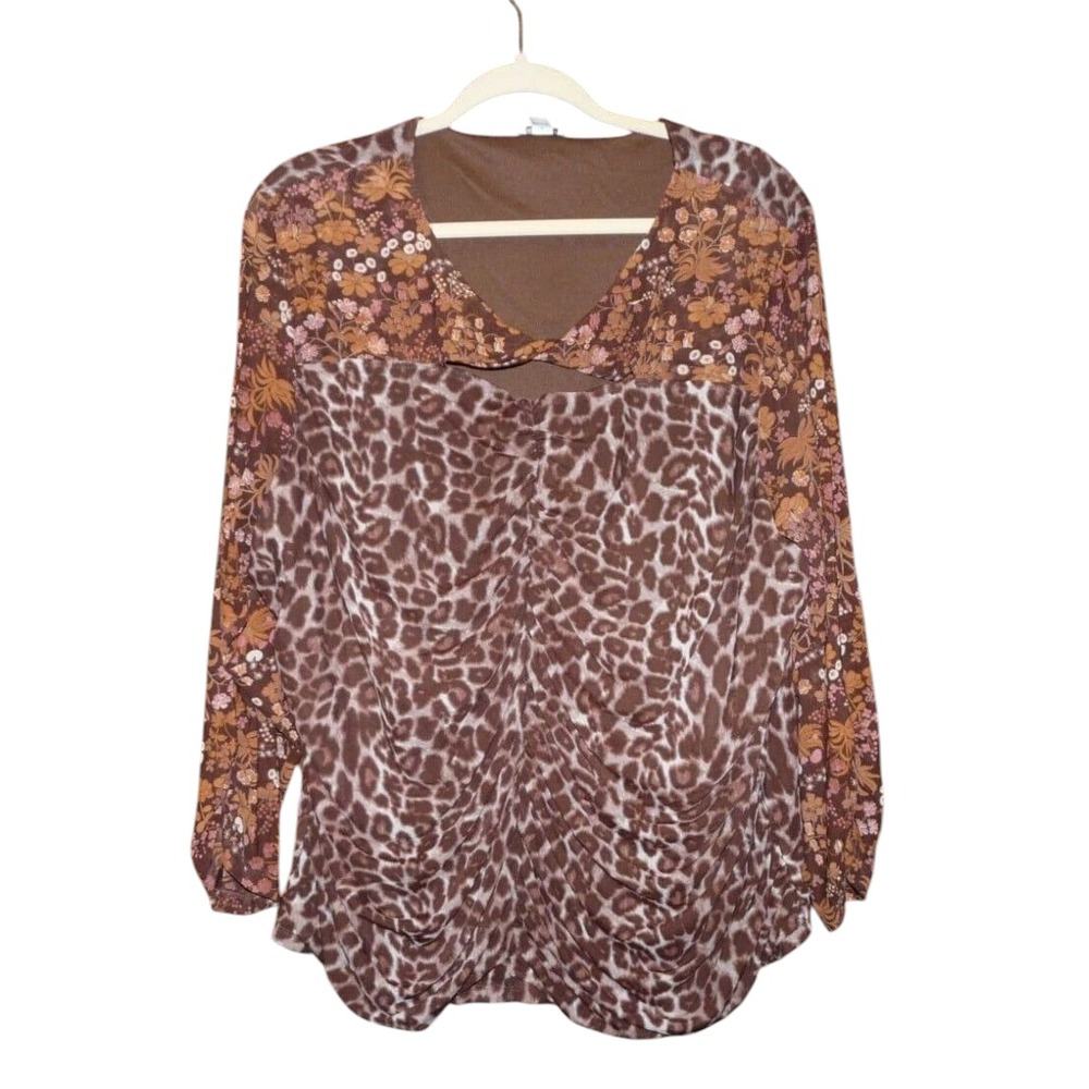 Cato Brown Floral and Leopard Print Blouse